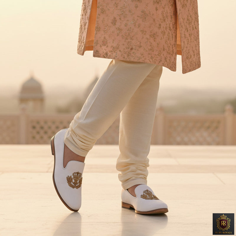 Majestic Ornate - Ivory Suede Crown Crest Loafer I Ruby Royals