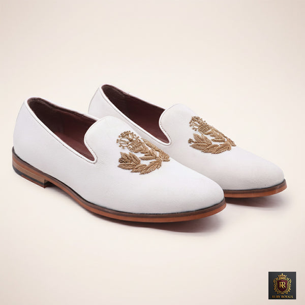Majestic Ornate - Ivory Suede Crown Crest Loafer I Ruby Royals