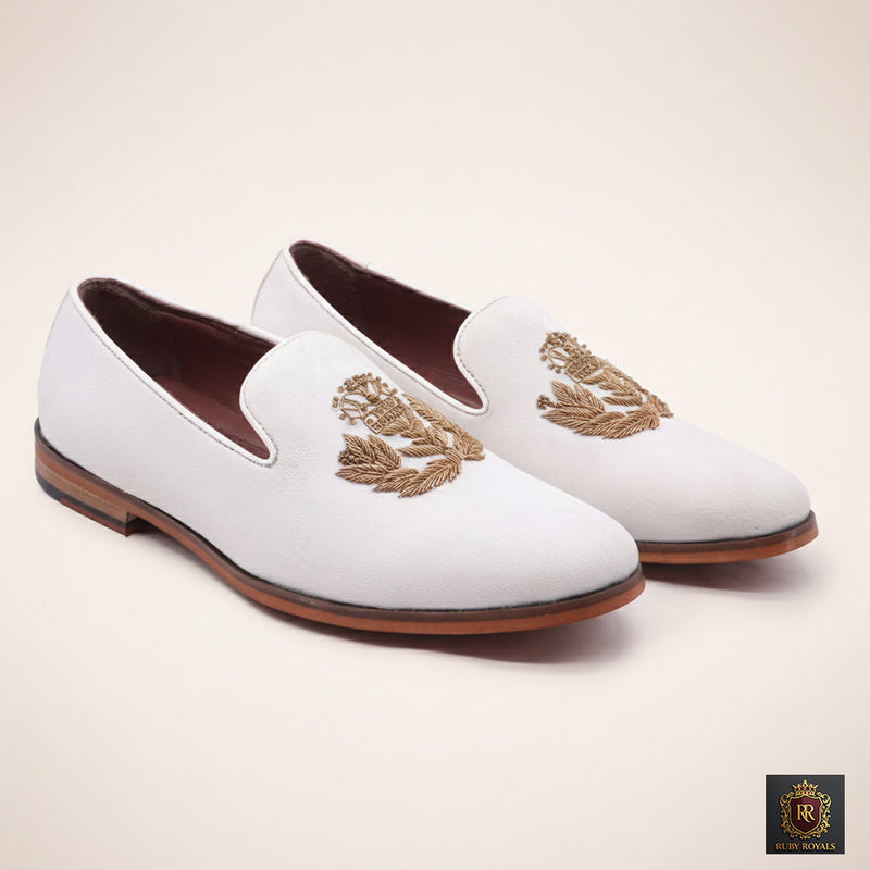 Majestic Ornate - Ivory Suede Crown Crest Loafer I Ruby Royals