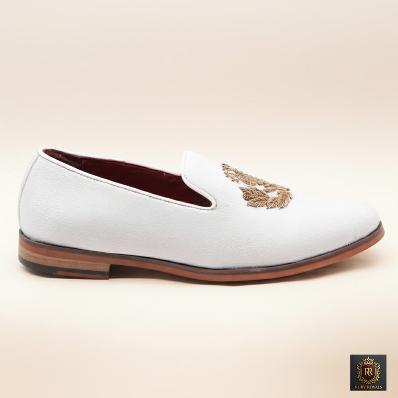 Majestic Ornate - Ivory Suede Crown Crest Loafer I Ruby Royals