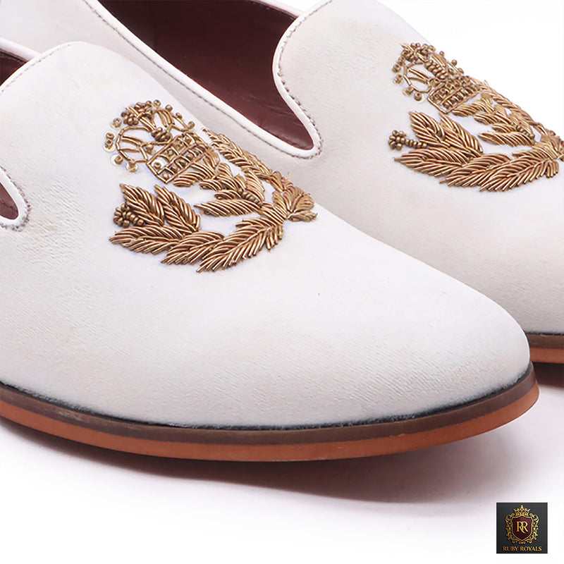Majestic Ornate - Ivory Suede Crown Crest Loafer I Ruby Royals