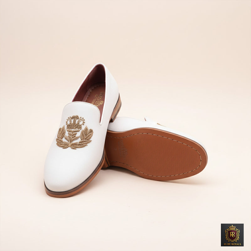 Majestic Ornate - Ivory Suede Crown Crest Loafer I Ruby Royals