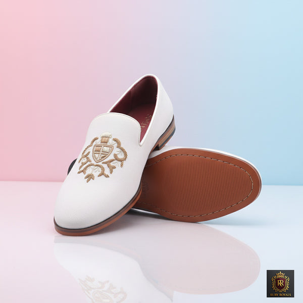 Majestic Ornate – Royal Ivory Shield Crest Suede Loafers | Ruby Royals