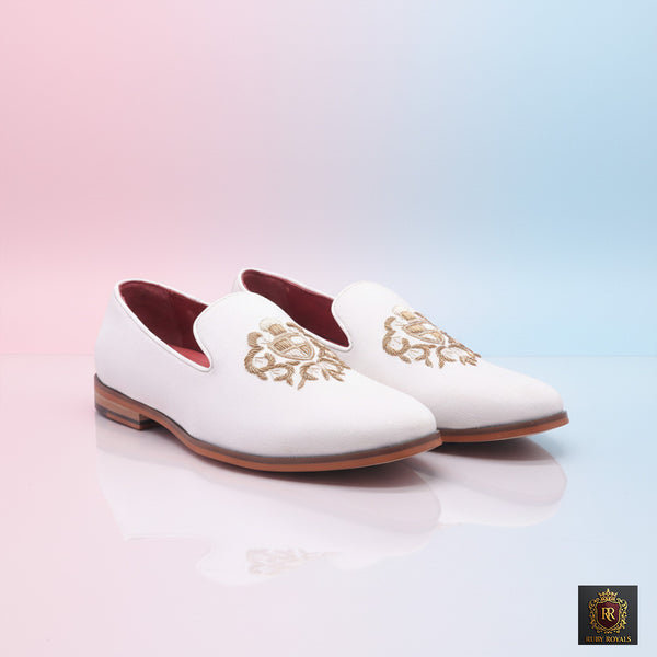 Majestic Ornate – Royal Ivory Shield Crest Suede Loafers | Ruby Royals