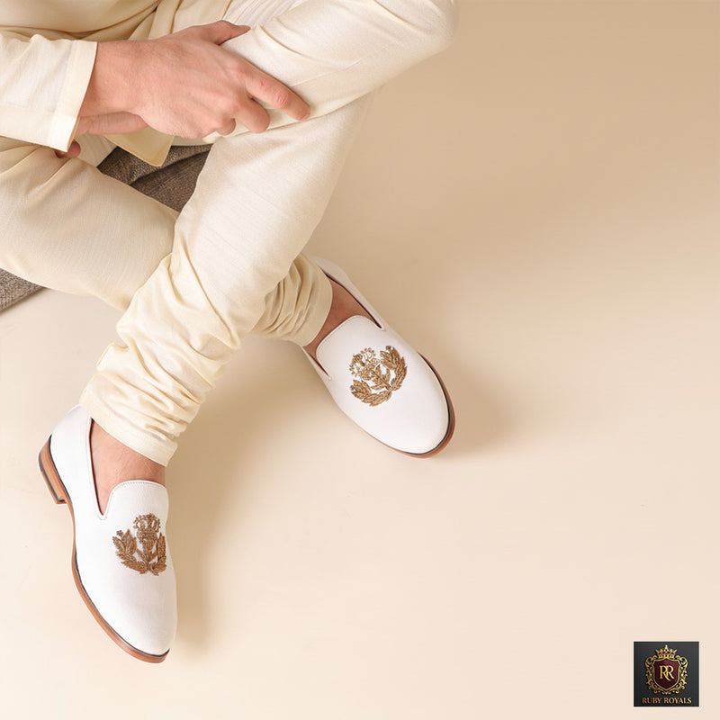 Majestic Ornate - Ivory Suede Crown Crest Loafer I Ruby Royals